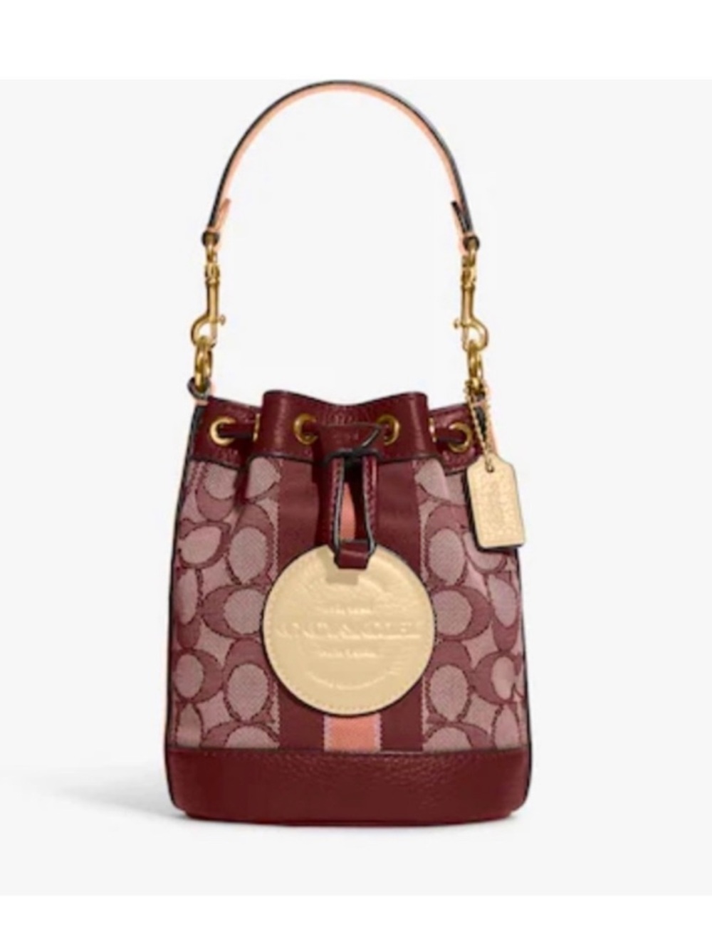 Coach Mini Dempsey Bucket Bag In Signature Jacquard In Gold/Wine Multi